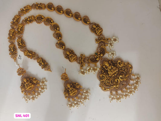 Long Lakshmi necklace set with small pearl hangings paired with matching earrings