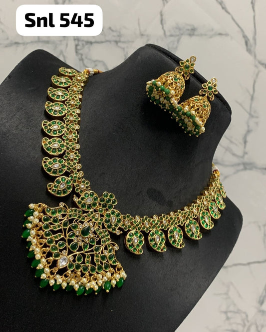 Emrald mango design necklace set with jhumkas