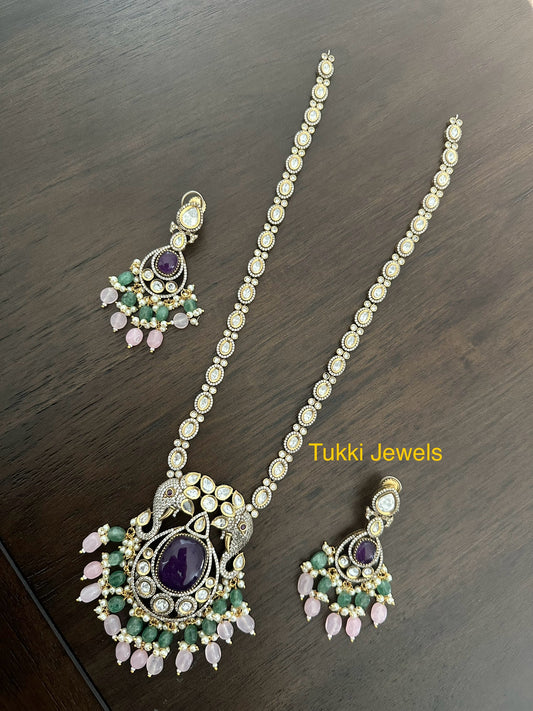 Premeium Long kundan set with amethyst stone and earrings