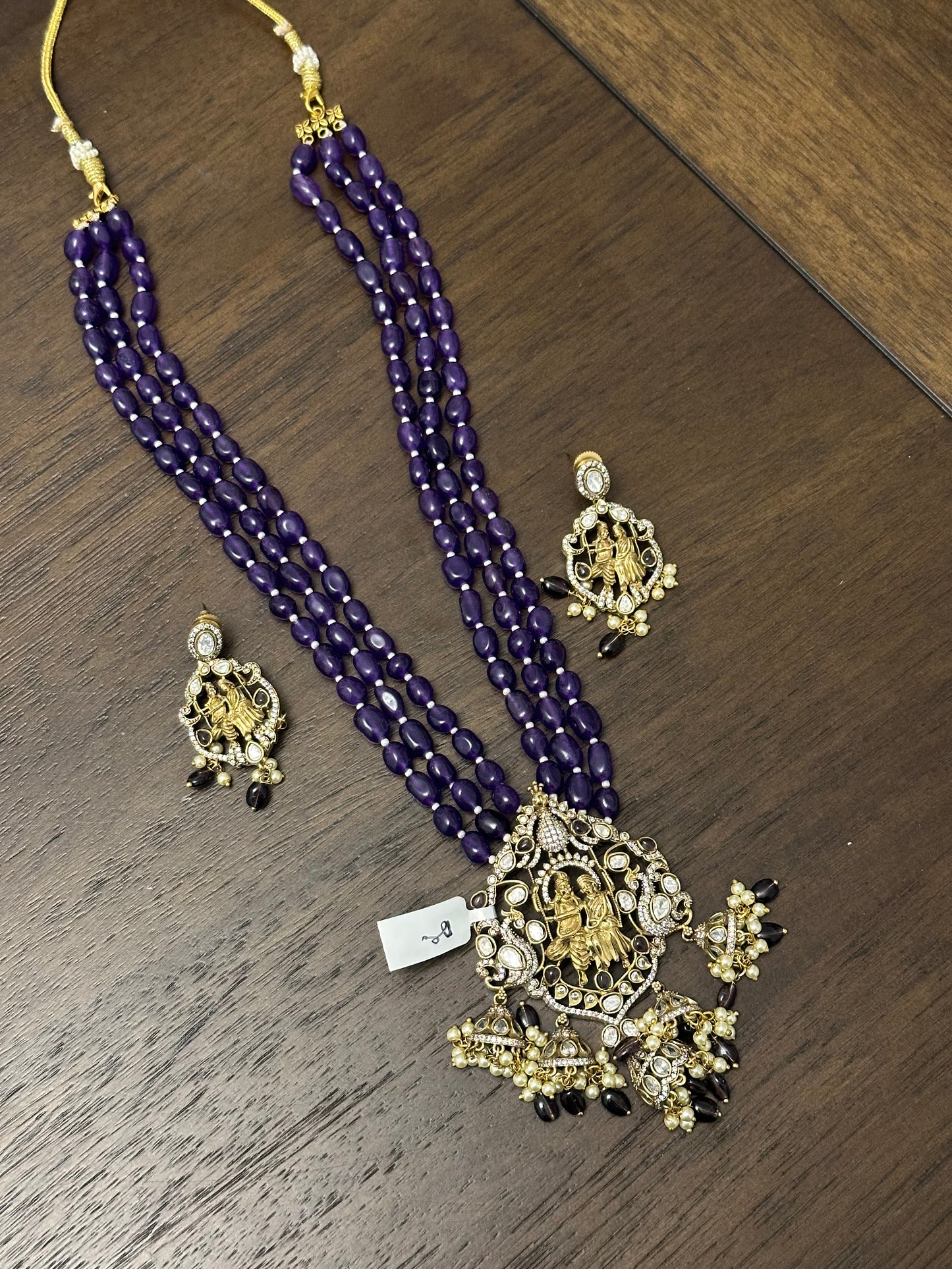 Victorian finish purple monalisa beads krishna pendant set with earrings