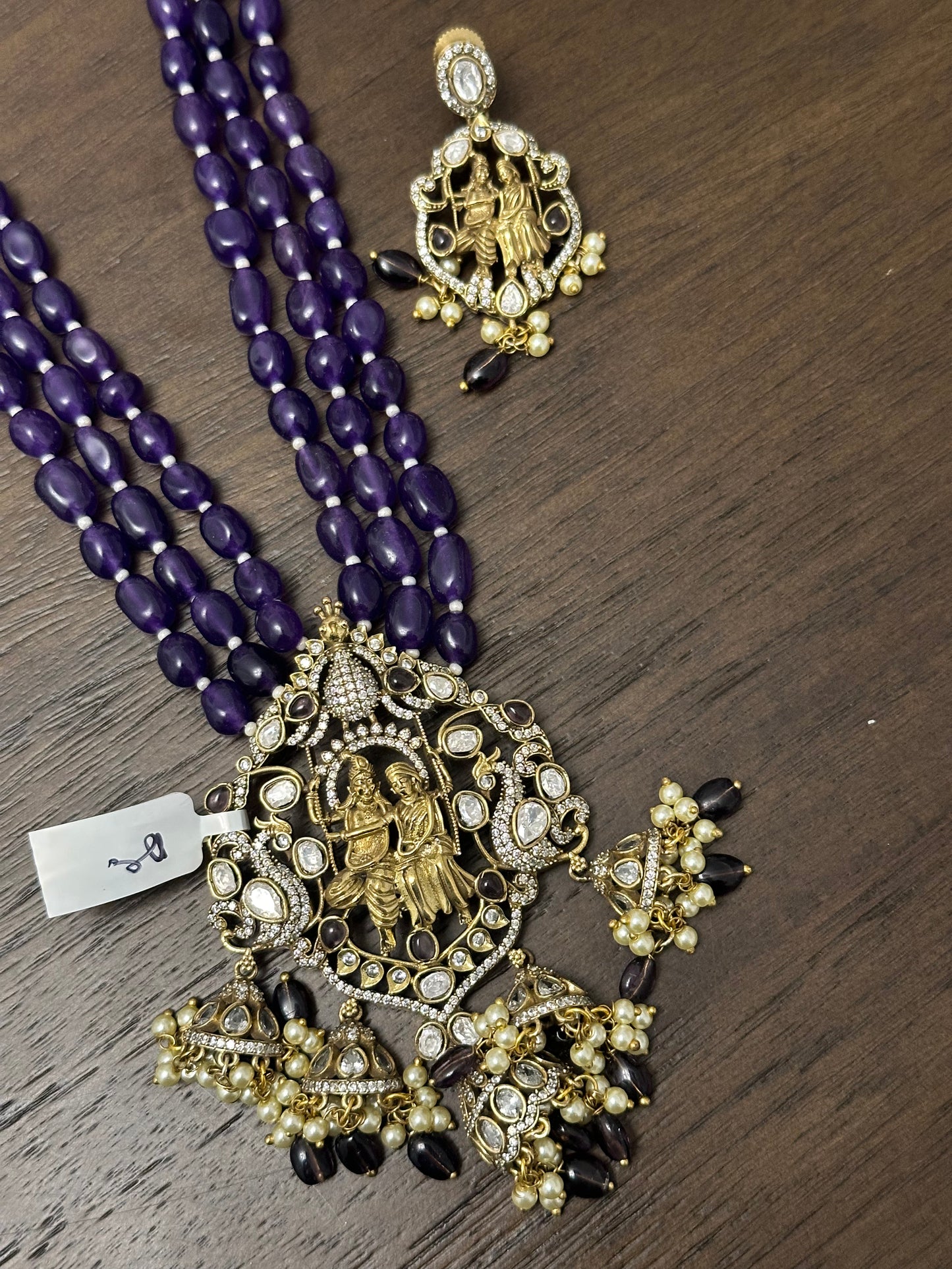 Victorian finish purple monalisa beads krishna pendant set with earrings