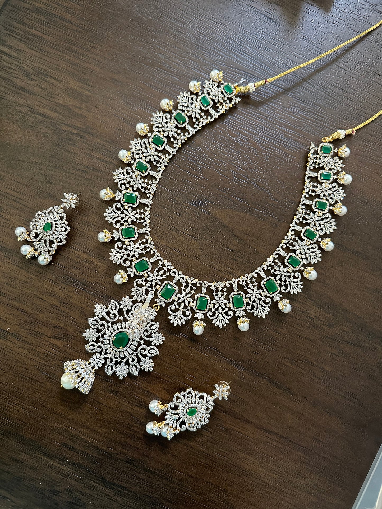 Beautiful long CZ set in white and green with pretty earrings