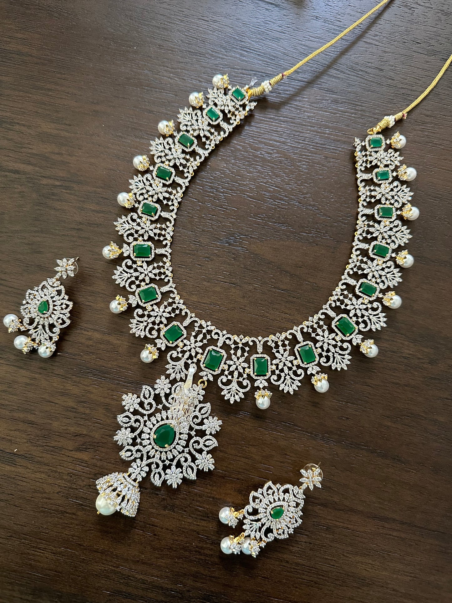 Beautiful long CZ set in white and green with pretty earrings