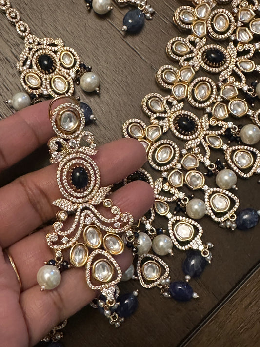 Navy Blue Heavy Kundan Choker set with Earrings & Mangtika