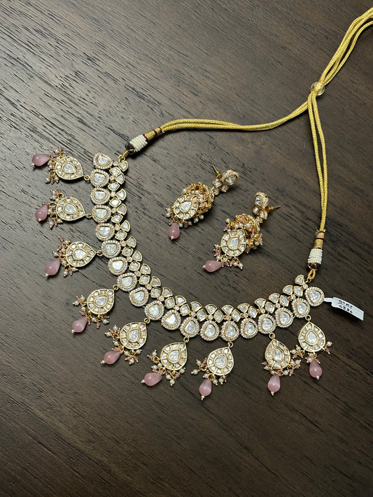 Baby Pink Heavy Kundan Necklace Set with Earrings