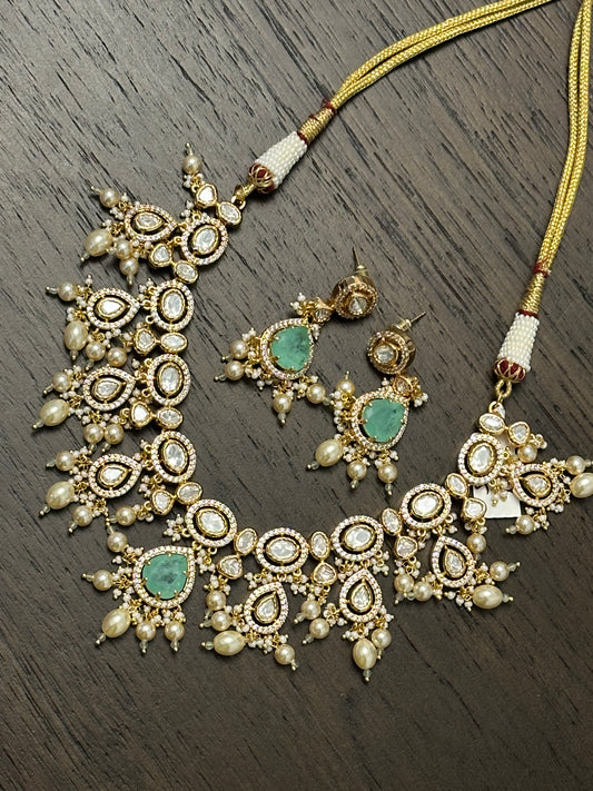 Turquoise Stone Pearl Kundan Necklace with Earring Set