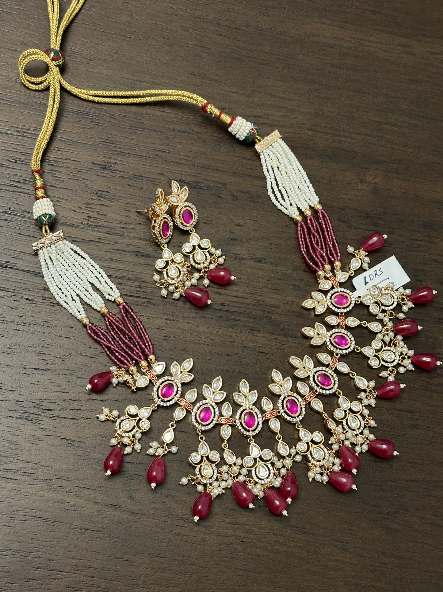 Pink Stone White Pearl Kundan Necklace Set with Earrings