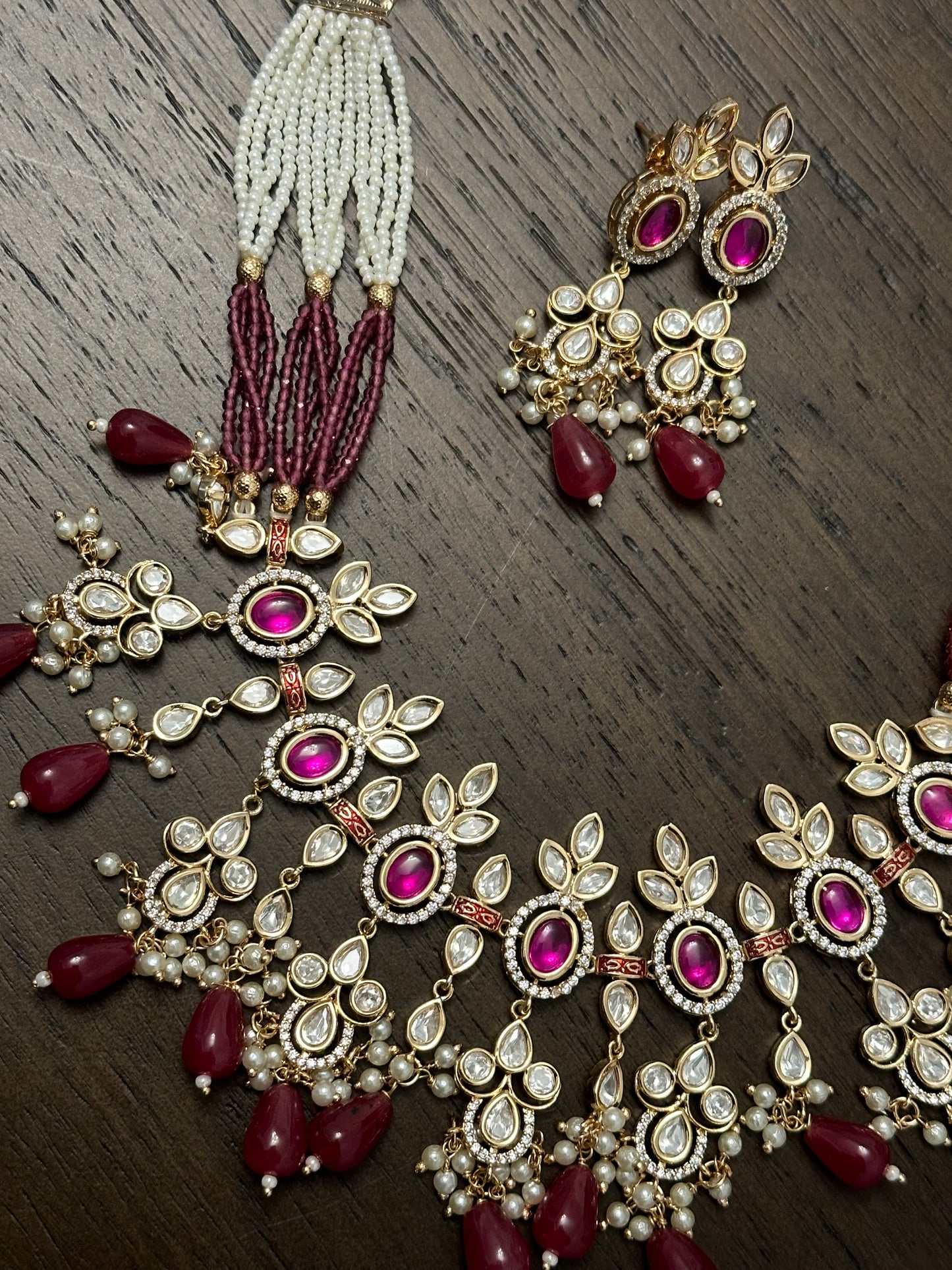 Pink Stone White Pearl Kundan Necklace Set with Earrings