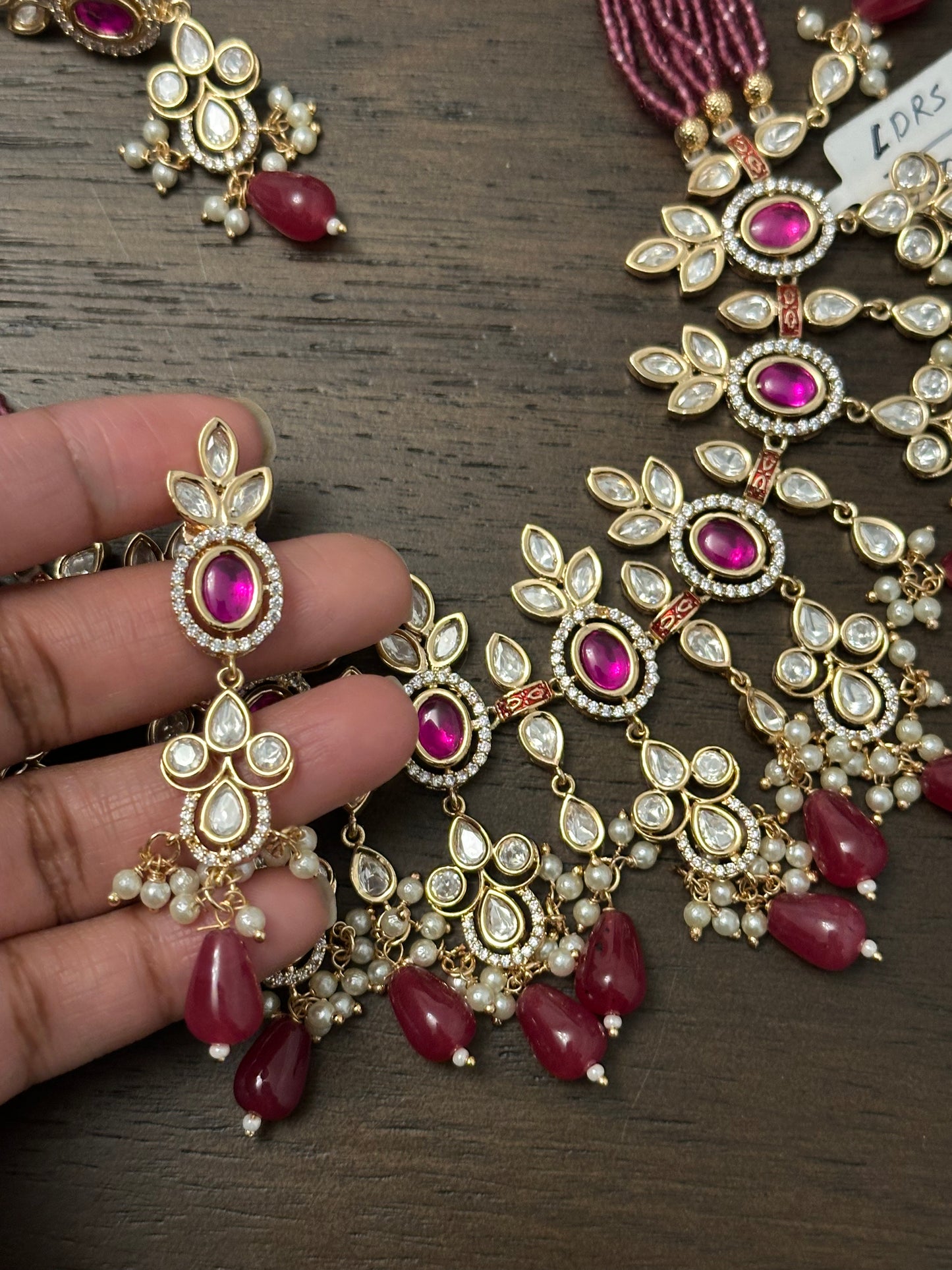 Pink Stone White Pearl Kundan Necklace Set with Earrings