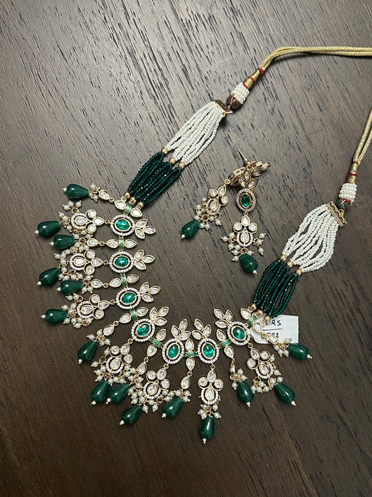 Emerald Stone White Pearl Kundan Necklace Set with Earrings