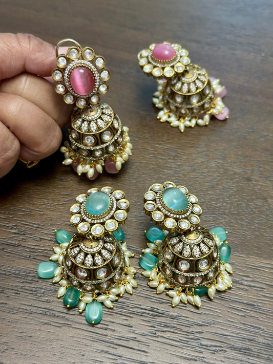 Victorian finish big jhumkas available in two colors - Baby pink,Mint green