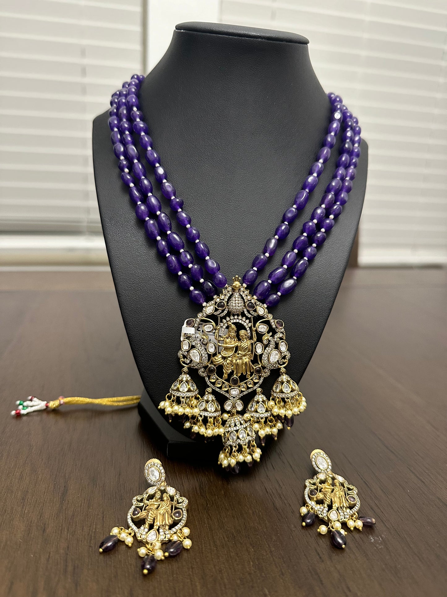 Victorian finish purple monalisa beads krishna pendant set with earrings