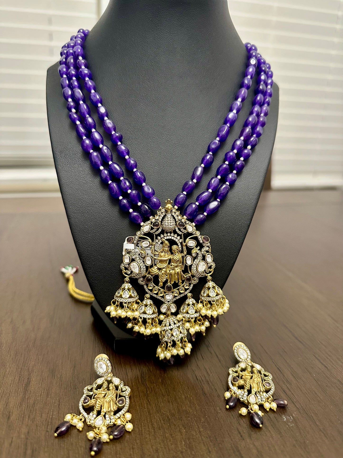 Victorian finish purple monalisa beads krishna pendant set with earrings