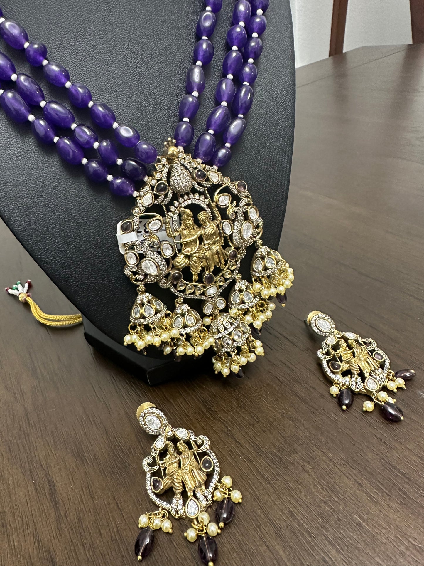 Victorian finish purple monalisa beads krishna pendant set with earrings