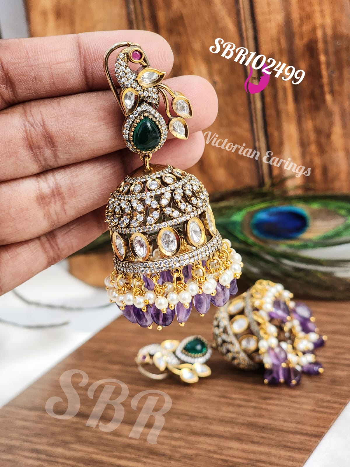 Peacock design green stone with purple hanging beads earrings in victorian finish