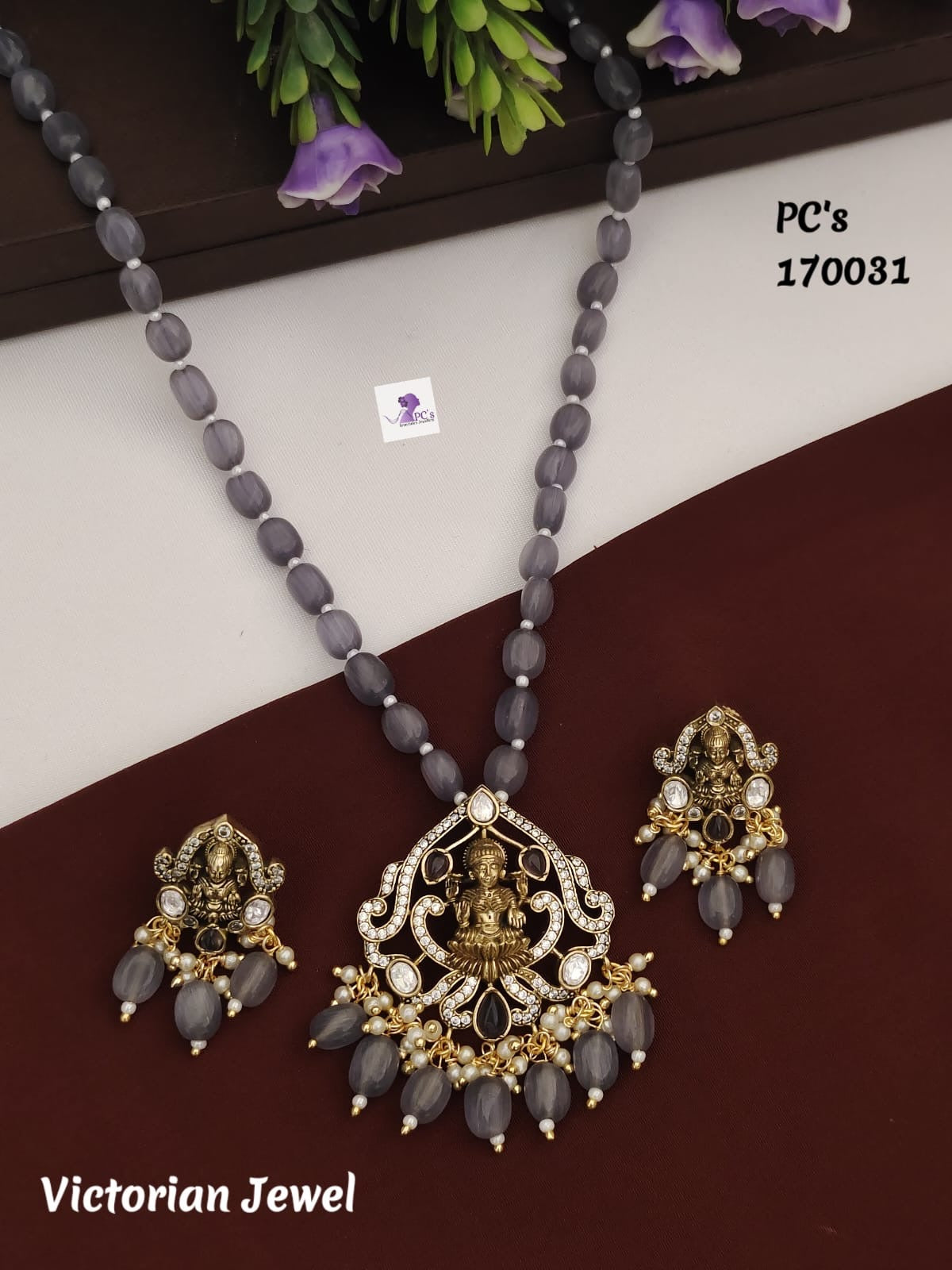 Greyish Lavender Monalisa beads with Lakshmi pendant and cute earrings